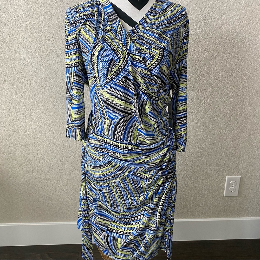Laundry By Shelli Segal || blue green wrap dress
